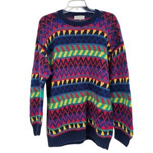 Vintage 80s Hand Knit Chunky Crewneck Sweater‎ L Colorful Retro Artsy Peruvian